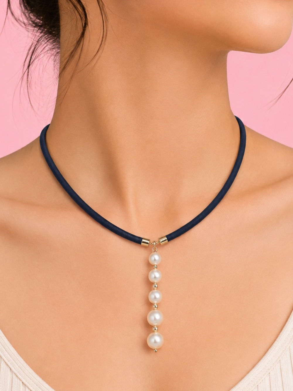 Imitation Pearl Necklace with black band and gold chain closure/clasp